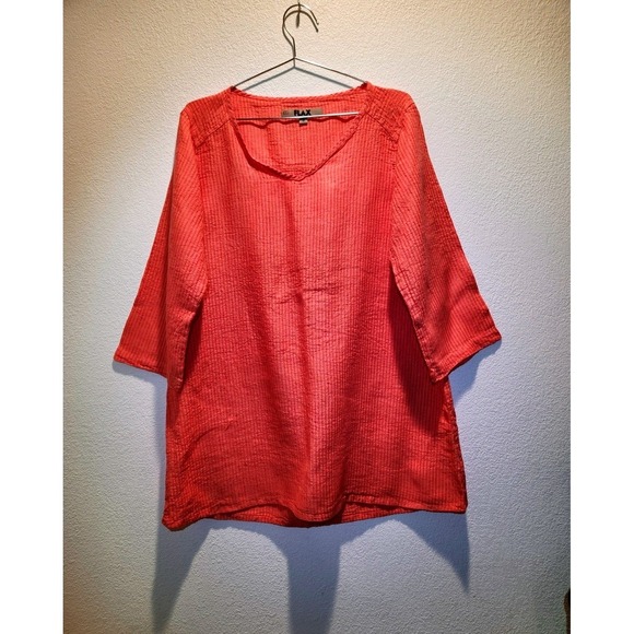 Flax Tops - FLAX 100% Linen‎ Textured Stripe Tunic Top Coral Orange Size S Made Lithuania